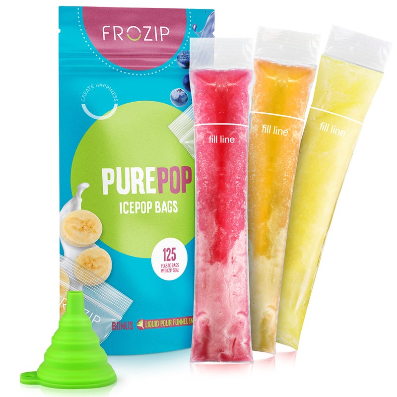 Frozip 125 Disposable Ice Popsicle Mold Bags| BPA Free Freezer Tubes With Zip Seals | For Healthy Snacks, Yogurt Sticks, Juice & Fruit Smoothies, Ice Candy Pops| Comes With A Funnel (8x2") - Image 1